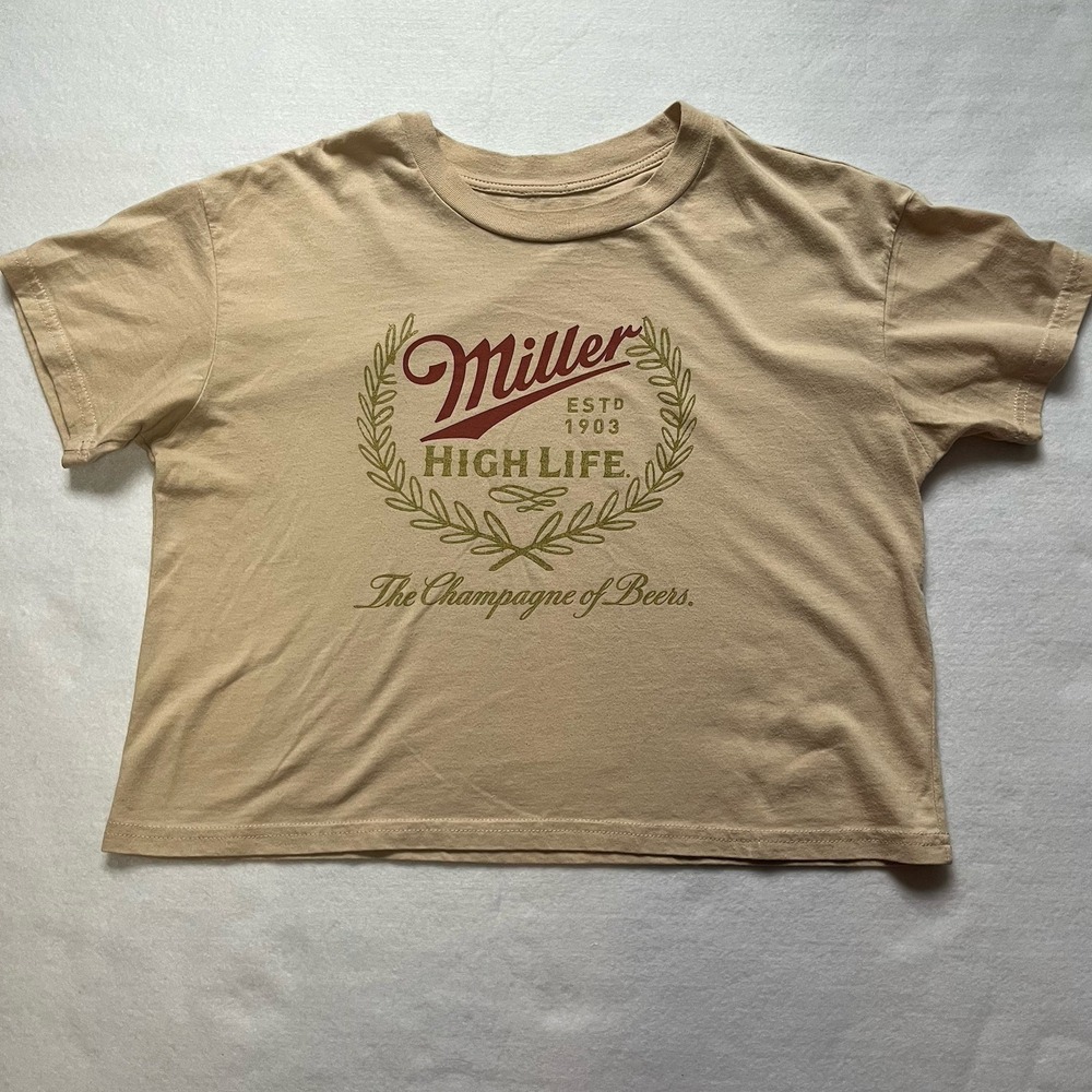 Miller High Life Womens Cropped T Shirt Sz S Tan Beer Tee The Champagne Of Beers